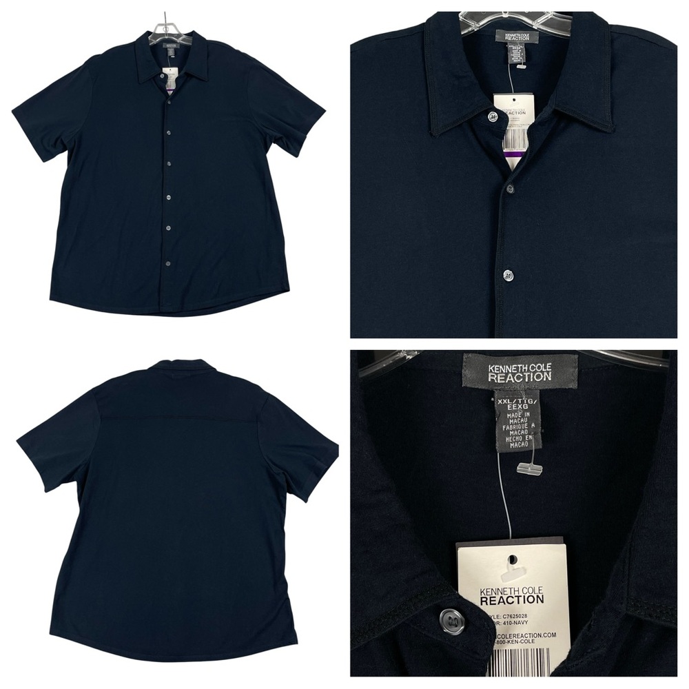 Kenneth Cole Navy Blue Cotton Short Sleeve Button Down Slim Fit XXL